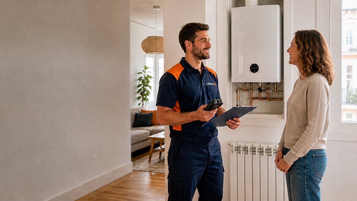 Técnico de Caldesoil atendiendo a una clienta en Madrid