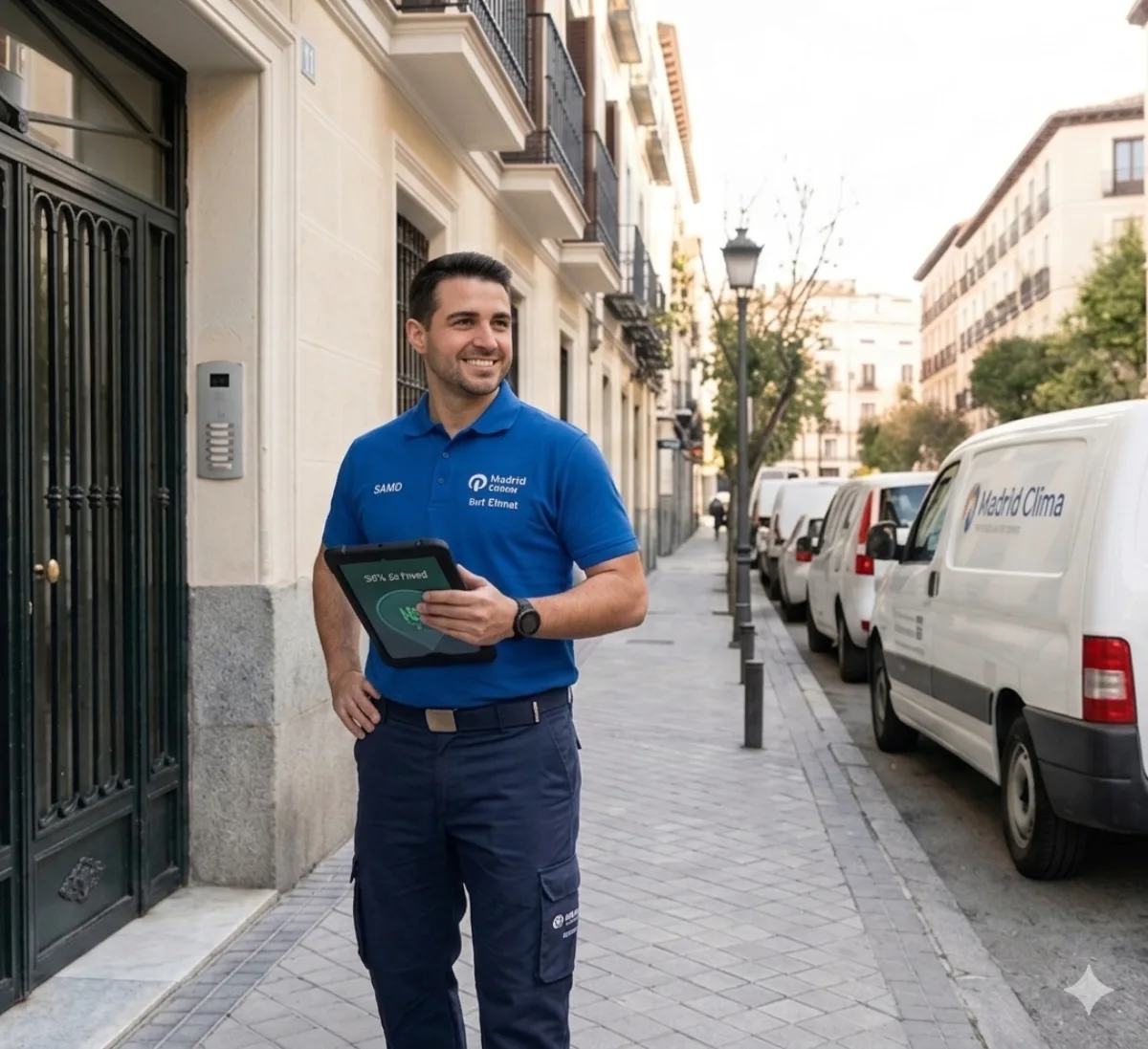 Técnico de Caldesoil llegando a casa de un cliente en una calle de Madrid